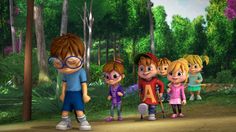 a group of cartoon characters standing in the woods