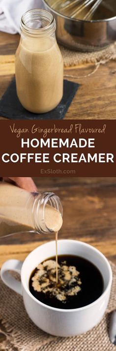 a cup of coffee is being poured into it with the words gingerbread coffee creamer