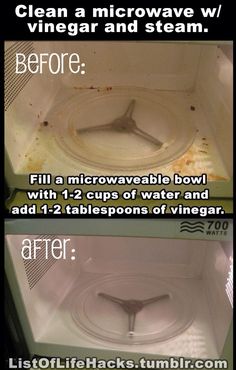 the inside of an open microwave with instructions on how to clean and remove water from it