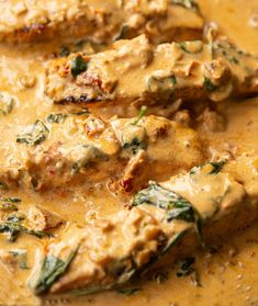 chicken with spinach and cheese in a yellow sauce