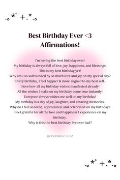 a birthday card with the words best birthday ever 3 affirmations