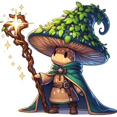 a cartoon character holding a wand and wearing a hat with green leaves on it's head