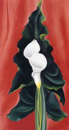 a painting of a white flower on a red background