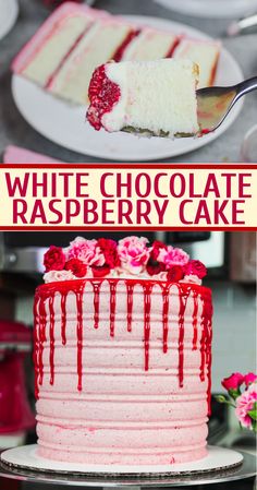 white chocolate raspberry cake with red glaze on top and flowers in the background