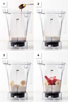 four pictures showing how to make an ice cream dessert in a blender, including strawberries and bananas