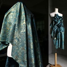 a dress on a mannequin next to an image of a blue and gold gown