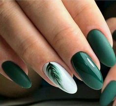 Nails September, Tropical Nail Art, White Gel Nails, Dark Green Nails, Green Nail Art, September Nails, Tropical Nails, Nails Green, Green Nail