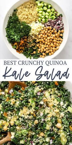 kale salad with chickpeas, broccoli and quinoa in a white bowl