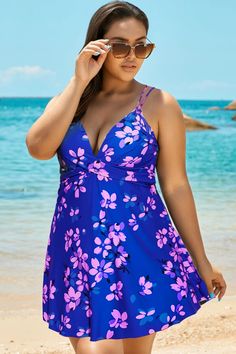 Purple Butterfly Print V-neck Loop Strap Swimdress V-neck Swim Dress For Vacation, V-neck Midi Dress For Vacation, Fitted V-neck Vacation Dress, Blue V-neck Swim Dress For Beachwear, Beachwear Dress With Surplice Neckline For Vacation, Lined V-neck Swim Dress For Pool, Lined V-neck Swim Dress For Poolside, Summer V-neck Swim Dress For Pool, V-neck Swim Dress For Summer Pool