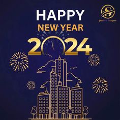 a happy new year card with fireworks in the sky and cityscape behind it