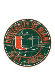 the university of miami logo is shown in red and green on an old wooden sign