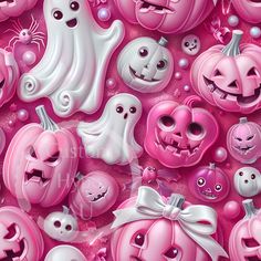 a bunch of pink and white pumpkins with faces on them, all in the same pattern