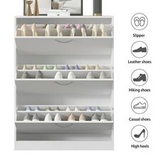 the shoe rack is full of different types of shoes and their measurements are shown below