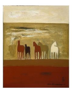 four horses are standing in a row on the beach by the water, and one horse is looking at the horizon