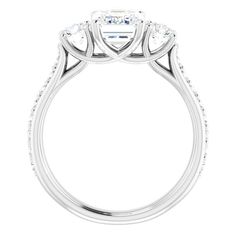 This romantic ring features 1/5 ctw. of sparkling diamonds that extend down the band. A 0.25 ct. or larger square, round, oval, emerald, cushion or asscher shape stone can be set with this ring. Romantic Rings, The Band, Sparkle Diamonds, Emerald, Diamonds, White Gold, Engagement Rings, Band, Square