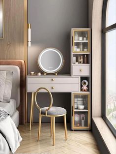 a bedroom with a desk, mirror and chair next to a window overlooking the city