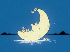 the moon is floating in the water with stars on it