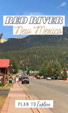 a road with mountains in the background and text overlay that reads, red river new mexico