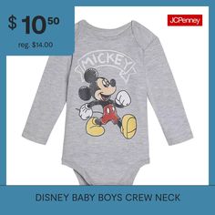 Features: Screen PrintedCharacter: Mickey MouseClosure Type: SnapNeckline: Crew NeckSleeve Length: Long SleeveFiber Content: 60% Cotton, 40% PolyesterFabric Description: InterlockCare: Machine Wash, Tumble DryCountry of Origin: Imported Grey Bodysuit, Disney Shop, Baby Disney, Disney Mickey Mouse, Baby Bodysuit, Screen Printing, Cotton Blend