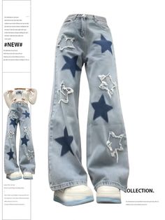 Women's Baggy Blue Star Jeans Vintage Y2k 90s Aesthetic Denim Trousers Harajuku High Waist Wide Y2k Blue Outfit, Acubi Pants, Baggy Jeans Outfit Aesthetic, Y2k 90s Aesthetic, Cowboy Pants, 90s Fashion Women, 2000s Clothes, Clothes Pants, Outfit Jeans