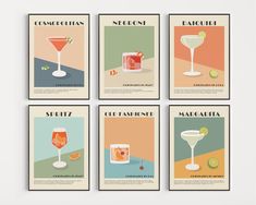 four posters with different types of cocktails and drinks on them, all in various colors