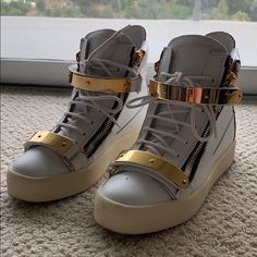 Chrome White And Gold Plated Sneakers. One Scuff On The Left Shoe. Luxury White High-top Sneakers With Laces, Luxury White High-top Sneakers With Leather Sole, Designer White High-top Sneakers With Leather Sole, Designer Gold High-top Sneakers, Designer White High-top Sneakers With Round Toe, Zanotti Sneakers, Giuseppe Zanotti Sneakers, Chrome White, Beautiful Lettering