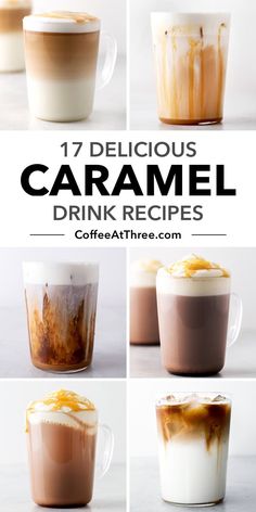 several different types of coffee drinks with caramel in the top, bottom and bottom