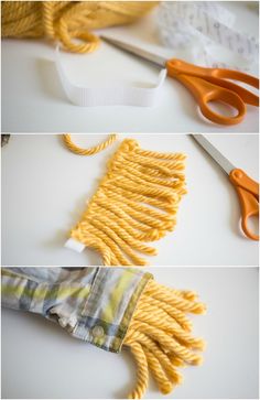 three pictures showing how to make a scarf out of yarn and fabric with scissors on the side