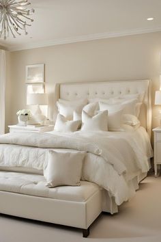 a white bed sitting in a bedroom next to two lamps and a chandelier