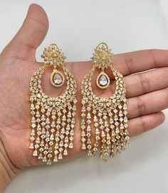 Diamond Bali Earrings, Chand Bali Earrings, Diamond Bali, Chand Bali, Bali Earrings, Chandbali Earrings, American Diamond, Earrings Dangle, Gold Finish