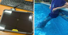 a man sitting in front of a laptop computer next to a pool with a keyboard on it