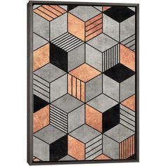 an abstract geometric pattern in grey, orange and black serving tray with wood frame on white wall