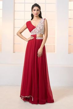 Red sleeveless bustier with an attached front and back drape dupatta. Comes with one shoulder bustier with contrasting embroidery and a waistband embroidered lehenga. - Aza Fashions Drape Dupatta, Bustier Pattern, Lehenga For Women, Embroidered Bustier, Lehenga Dupatta, Embroidered Lehenga, Embroidered Neckline, Lace Hem, Aza Fashion