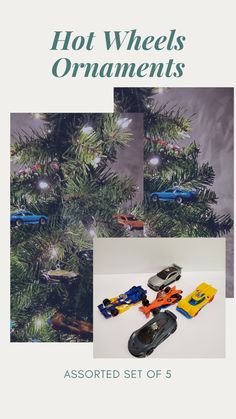 an assortment of hot wheels ornaments on a christmas tree