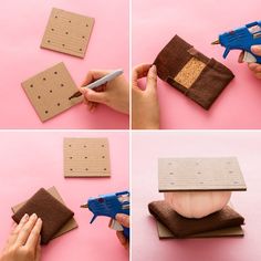 four pictures showing how to make a diy wallet