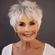 Pixie with Feathered Crown Ladies Short Hair Styles Older Women, Side View Pixie Haircut, Over 80 Hairstyles For Women, Mother Of The Bride Pixie Hairstyles, Short White Hair For Older Women, Sassy Hair Older Women, The Perfect Haircut