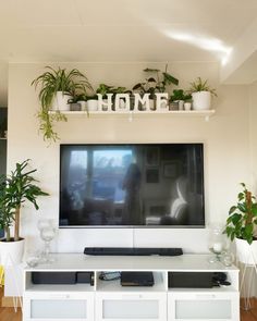 a flat screen tv mounted to the side of a wall next to potted plants