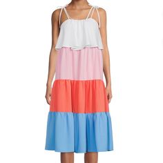 The Time And Tru Women's Sleeveless Colorblock Midi Dress Is An Irresistible Summer Must Have For Your Closet. The Simple Tank Straps Tie At The Shoulder And Go Into The Flattering Slightly Scooped Flounce Bodice, Which Is Perfect For Showing Off Your Favorite Necklaces. While The Midi Length Gives You Versatility Over Flip-Flops, Wedges, Or High Heels. The 3 Tiered And Color Blocked Skirt Gives Just The Right Flare And Boldness That Is Perfect For The Summer Season. Material: 100% Polyester Car Summer Beach Sleeveless Dress With Color Block, Summer Sleeveless Color Block Dress For Beach, Summer Sleeveless Color Block Dress, Spring Vacation Color Block Midi Dress, Spring Beach Sleeveless Color Block Dress, Color Block Sleeveless Beach Dress For Spring, Color Block Sleeveless Dress For Beach In Spring, Spring Color Block Sleeveless Beach Dress, Multicolor Color Block Sleeveless Summer Dress