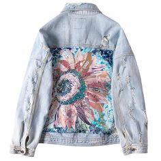 Fashion Women Denim Jackets Casual Long Sleeves Vintage Sunflower Diamonds Frayed Hole Tops Jean Embroidery Coat, Hand Painted Denim Jacket, Embroidered Denim Jacket, Painted Denim, Kids Denim, Floral Denim, Boho Fall