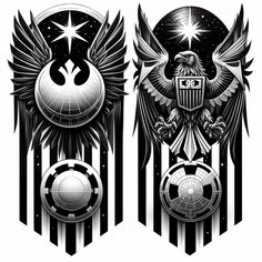 two black and white tattoos with an eagle on one side, the other is a star wars