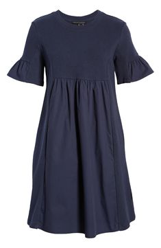 Airy sleeves, contrast paneling and hidden pockets bring extra effortlessness to a cheery pull-on dress. Style Name:English Factory Solid Minidress. Style Number: 6056415. Cotton A-line Dress With Side Pockets, Navy Cotton Casual Dress, Navy Cotton Dress For Work, Navy Cotton A-line Dress, Navy A-line Cotton Dress, Cotton Dress With French Seams For Work, Blue Cotton Dress With Side Pockets, Fall Cotton Dresses With Side Pockets, A-line Cotton Dress With Side Pockets