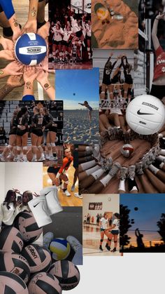 a collage of photos with people and sports equipment in them, including volleyballs