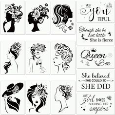 PRICES MAY VARY. What you get: 14 pieces of women painting stencils for canvas paper, available in 14 styles and 2 sizes,9 stencils in 9.8x8 inch and 4 stencils in 13.7x8 inch, enough quantity and rich styles for you to use, ideal supplies for DIY art crafts, wood signs, and wall art decor Elegant design: these painting on canvases stencils are designed with elegant elements like women face, flower and inspirational quotes, full of vitality and beauty, making your home decoration and art crafts Stencil On Canvas, Quote Stencils, Face Painting Stencils, Paint Stencils, Women Painting, Painting Templates, Free Stencils, Floral Border Design, Chalk Drawings