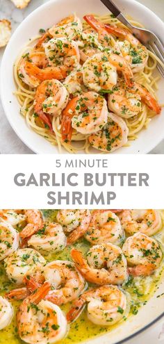 garlic butter shrimp is served over pasta in a white bowl