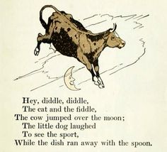 an illustration of a cow jumping over the moon with words written in english on it