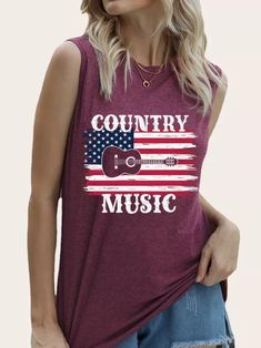 US$ 19.12 - Women's American Flag with Country Music Top Summer Sleeveless Tank Shirt for Cowgirl - www.zicopop.com Spring Trends Outfits, Sleeveless Tank, Summer Tops, Western Outfits, Country Girls, Graphic Shirts, Tank Shirt, American Flag, Country Music