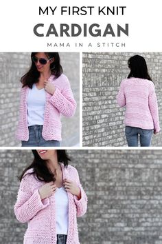 a woman wearing a pink knitted cardigan with text overlay that says, my first knit cardigan mama in a stitch