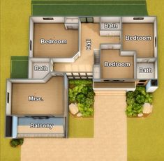 an overhead view of a three bedroom house with attached bathroom and living room areas in the floor plan