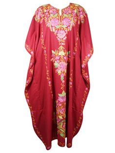 Womens Maxi Caftan Dress, Red Floral Embroidered Kaftan 2XL Embroidered Kaftan, Hostess Dresses, Caftan Dress