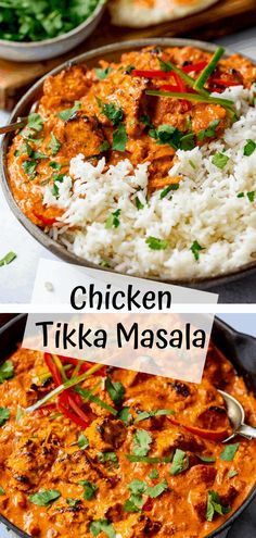 chicken tikka masala in a pan with rice and cilantro on the side